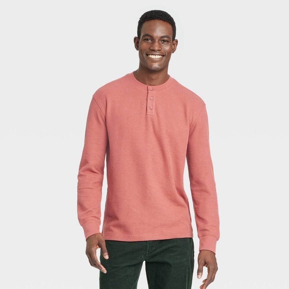 Men's Long Sleeve Textured Henley T-Shirt Goodfellow & Co Red Small